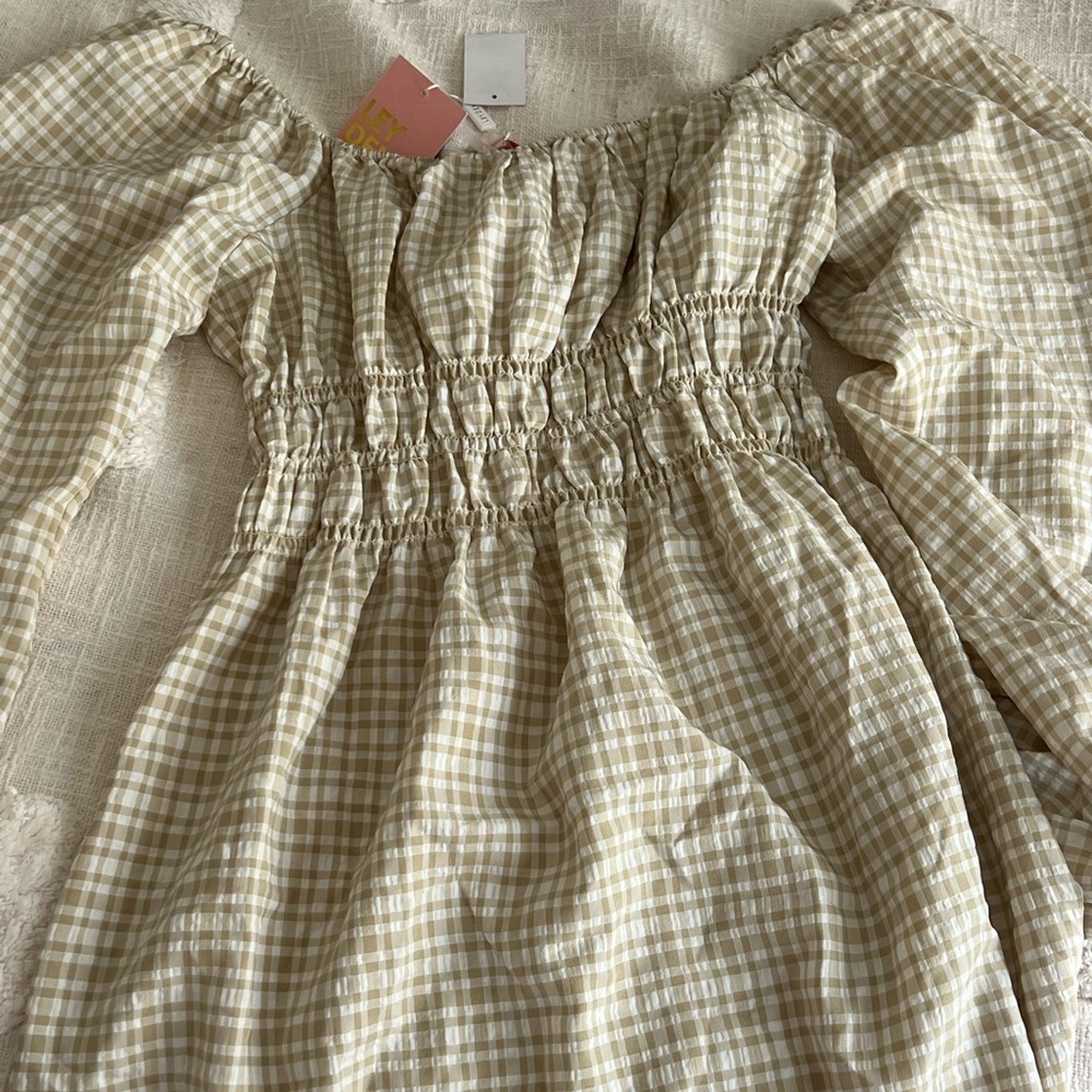 Leyden cream white Gingham Smocked Mini long sleeve Dress women’s XL - Picture 3 of 11